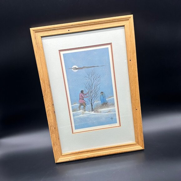 Vintage Johnny Tiger Jr Signed Sky Fox Print Framed 1974 Winter Scene 1476/3000 - Picture 1 of 10